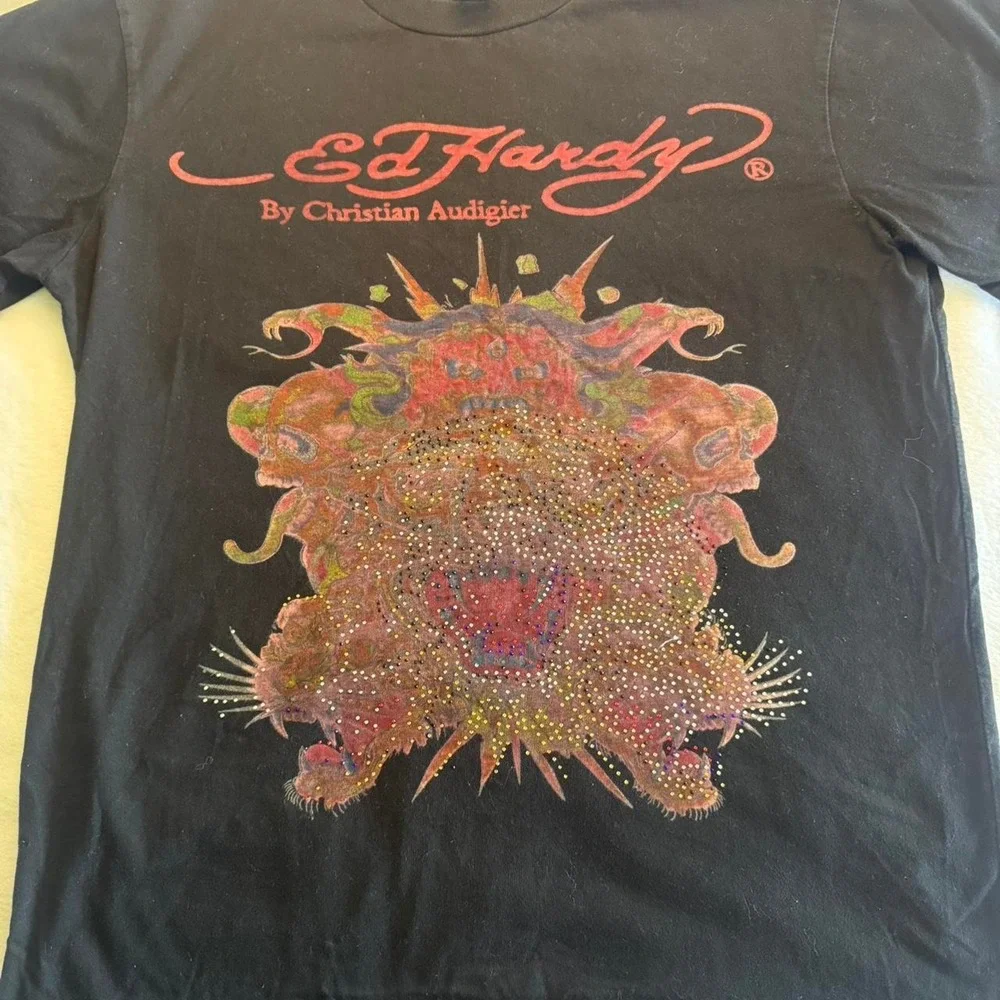 Y2K vintage Ed Hardy lion graphic rhinestone babytee short sleeve top grunge emo - Picture 2 of 8